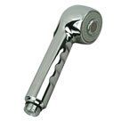 A close up of a shower head on a white background.