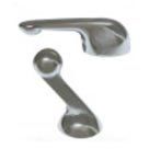 A close up of a faucet handle on a white background.