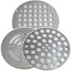 Three plates with holes in them on a white background.