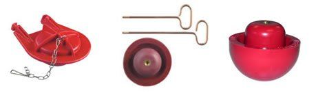 There are three different types of red objects on a white background.