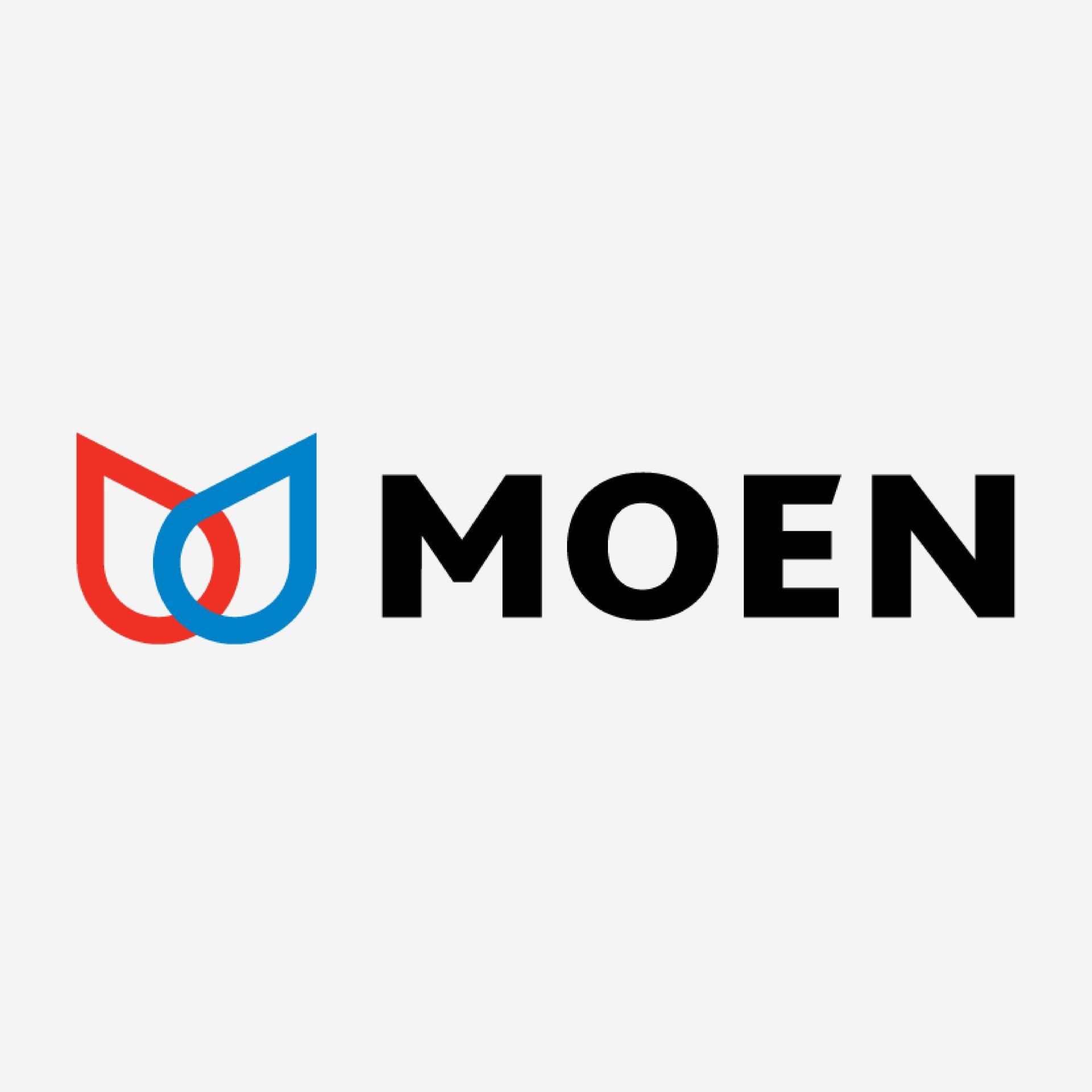 The moen logo is a red , blue and black logo on a white background.