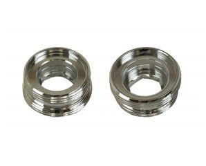 Two metal rings with holes in them on a white background.