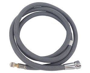 A close up of a hose with a metal end on a white background
