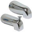 A pair of chrome bathtub spouts on a white background.