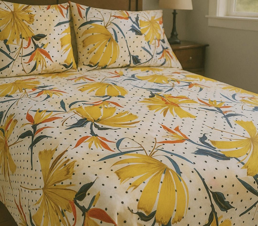 Cama cubierta con sábanas blancas y almohadas con estampados de flores amarillas y pequeños puntos negros.