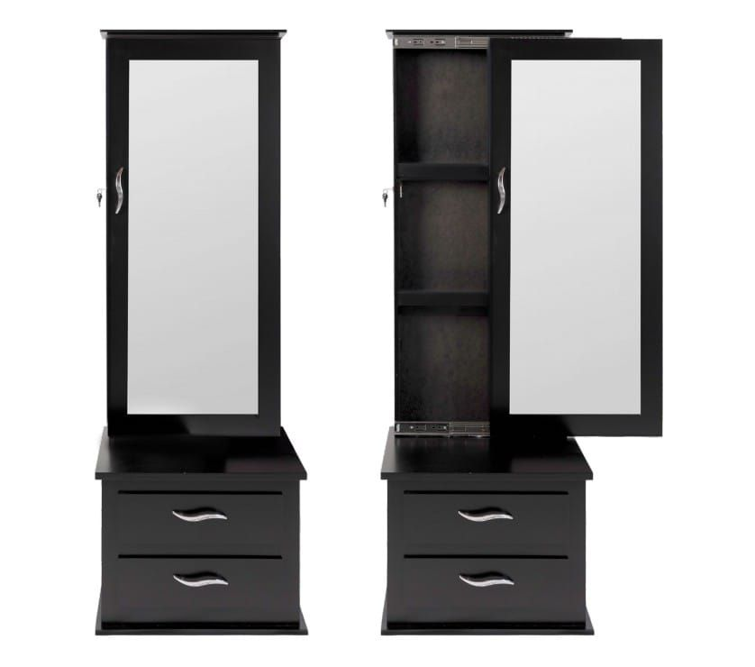 Cómoda negra con espejo, una vista con la puerta cerrada, la otra con la puerta abierta revelando estantes.
