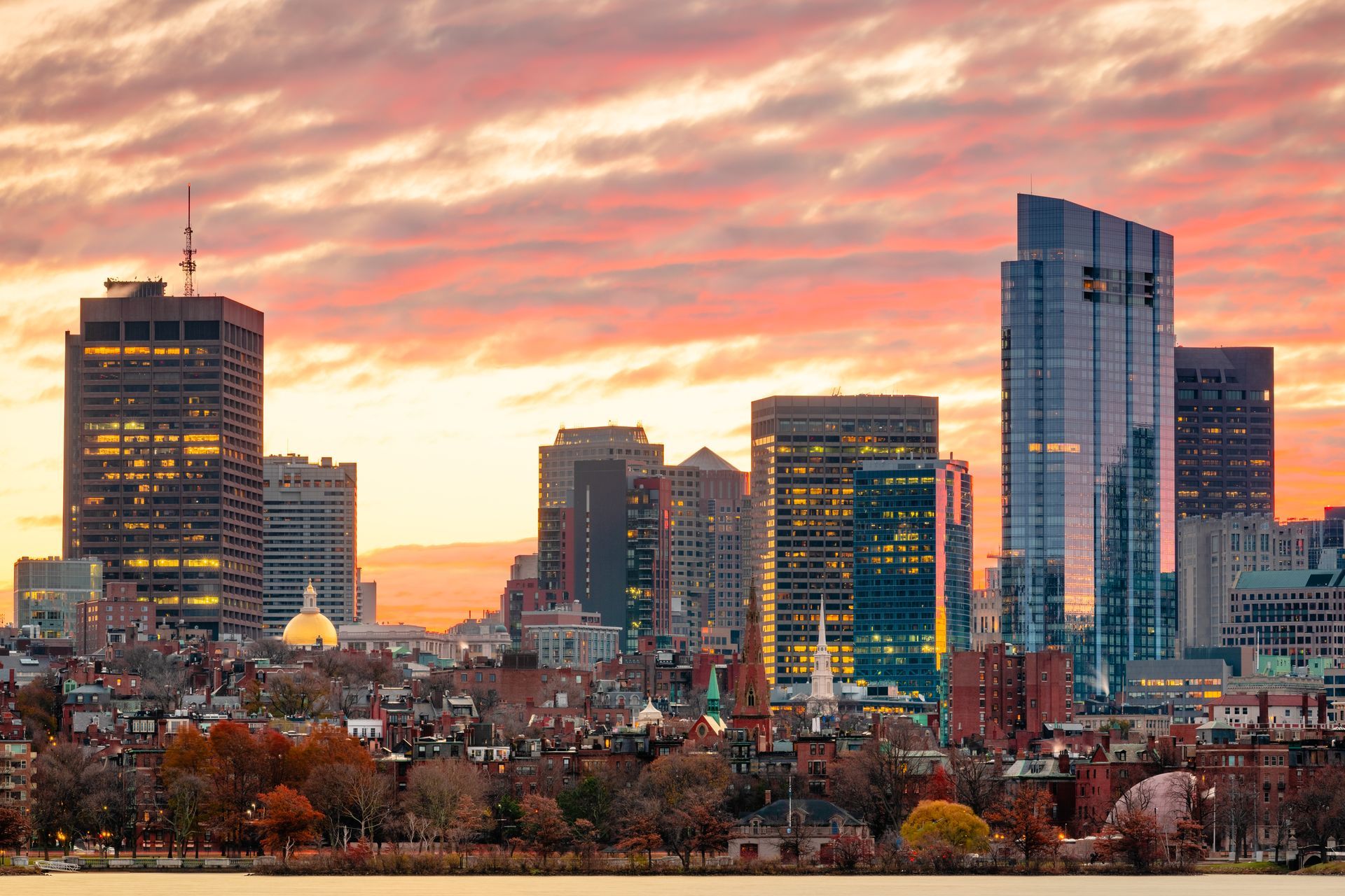 A historical cityscape of Boston with colonial buildings in Massachusetts