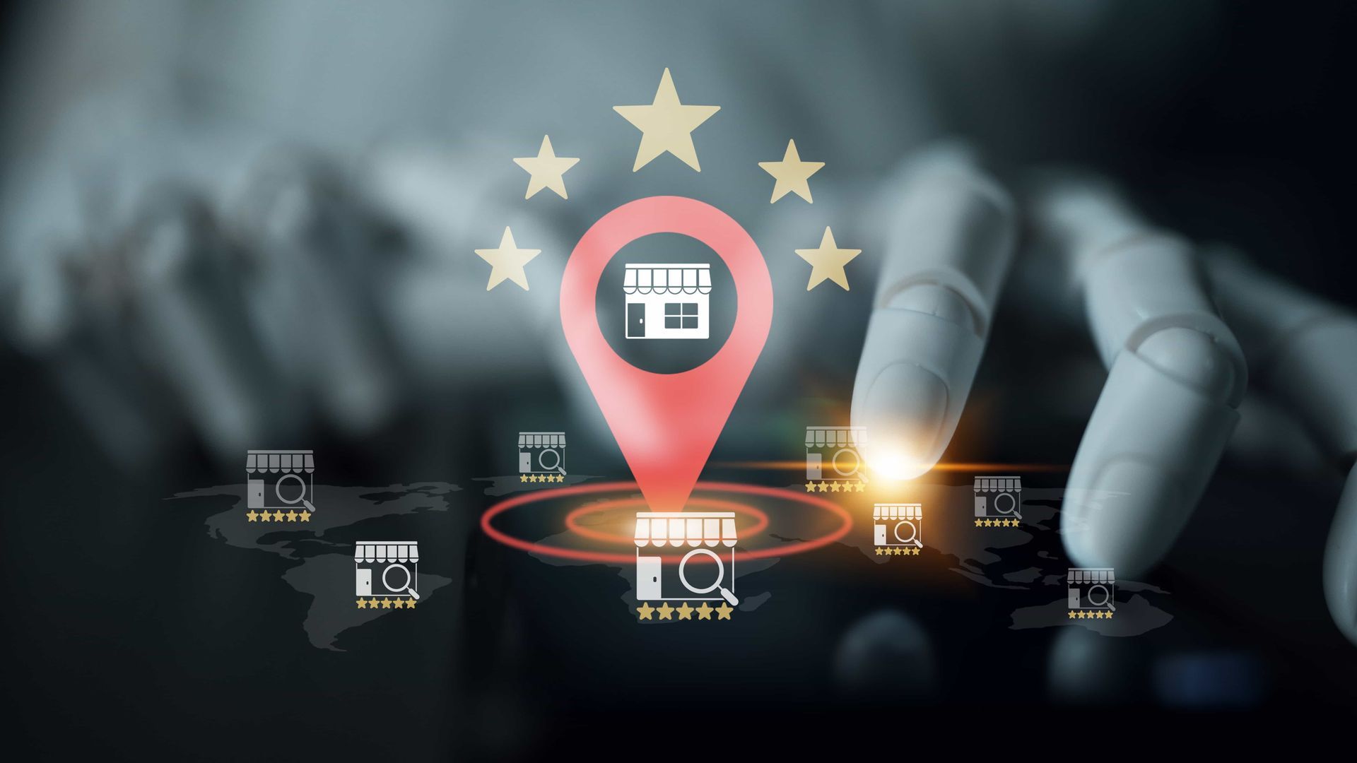 Person's hand touching a tablet with a location pin icon, surrounded by store icons and stars, representing franchise locations.
