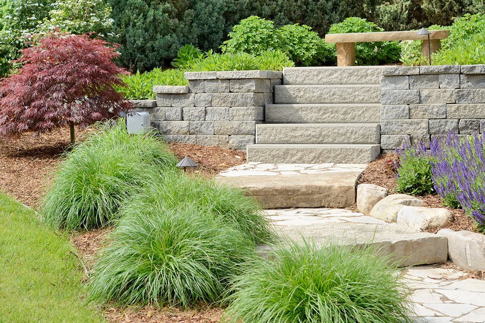 A stone walkway with stairs leading up to a bench in a garden.