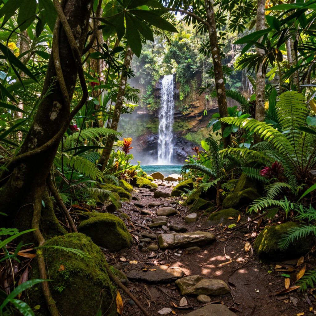 Sendero que conduce a una cascada en una exuberante selva tropical verde, rodeada de rocas cubiertas de musgo y helechos.