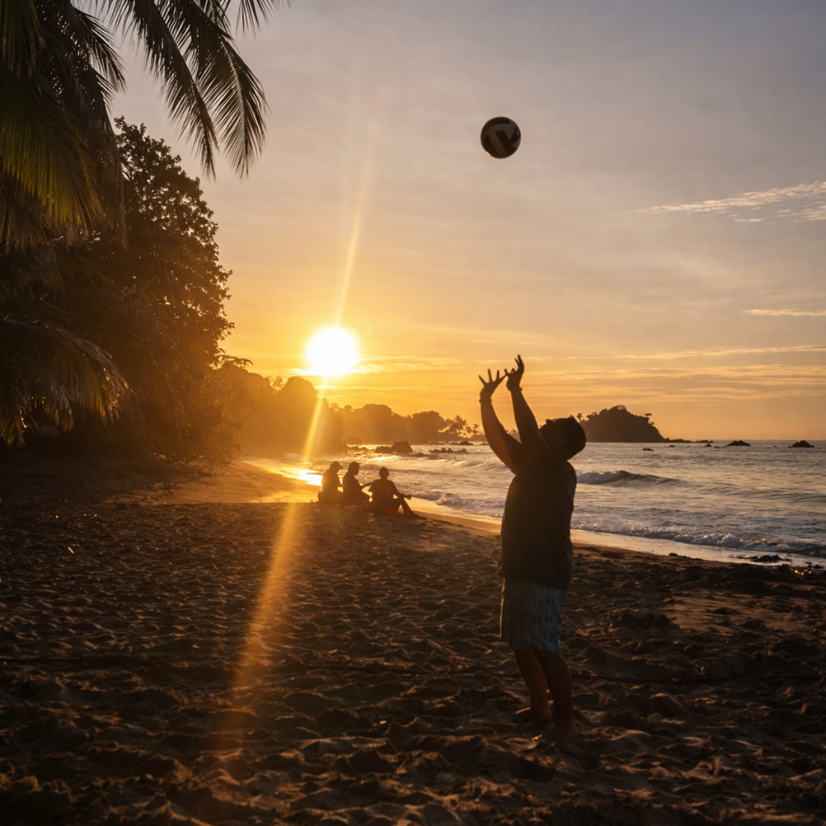 Persona lanzando una pelota en una playa al atardecer. Palmeras y el océano de fondo.