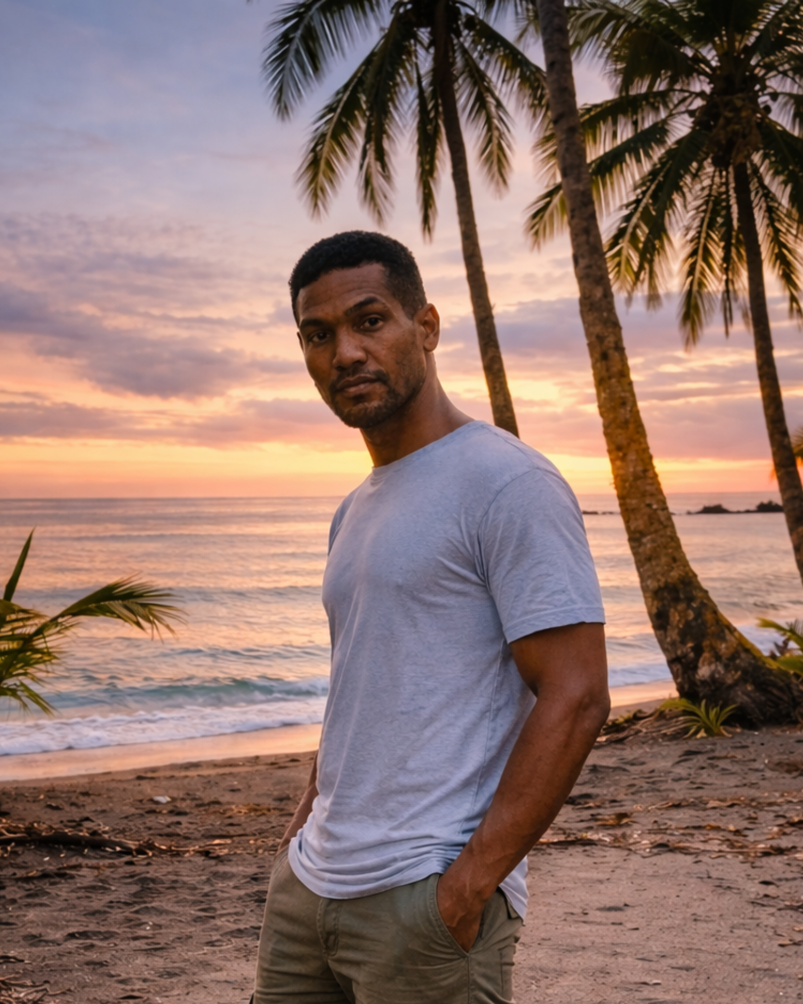 Hombre de pie en una playa, mirando a la cámara; puesta de sol con palmeras y océano de fondo.