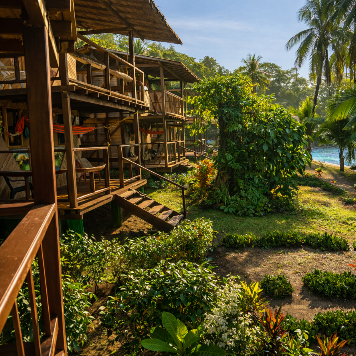 Cabañas de madera con balcones junto a una playa tropical, rodeadas de vegetación y palmeras.