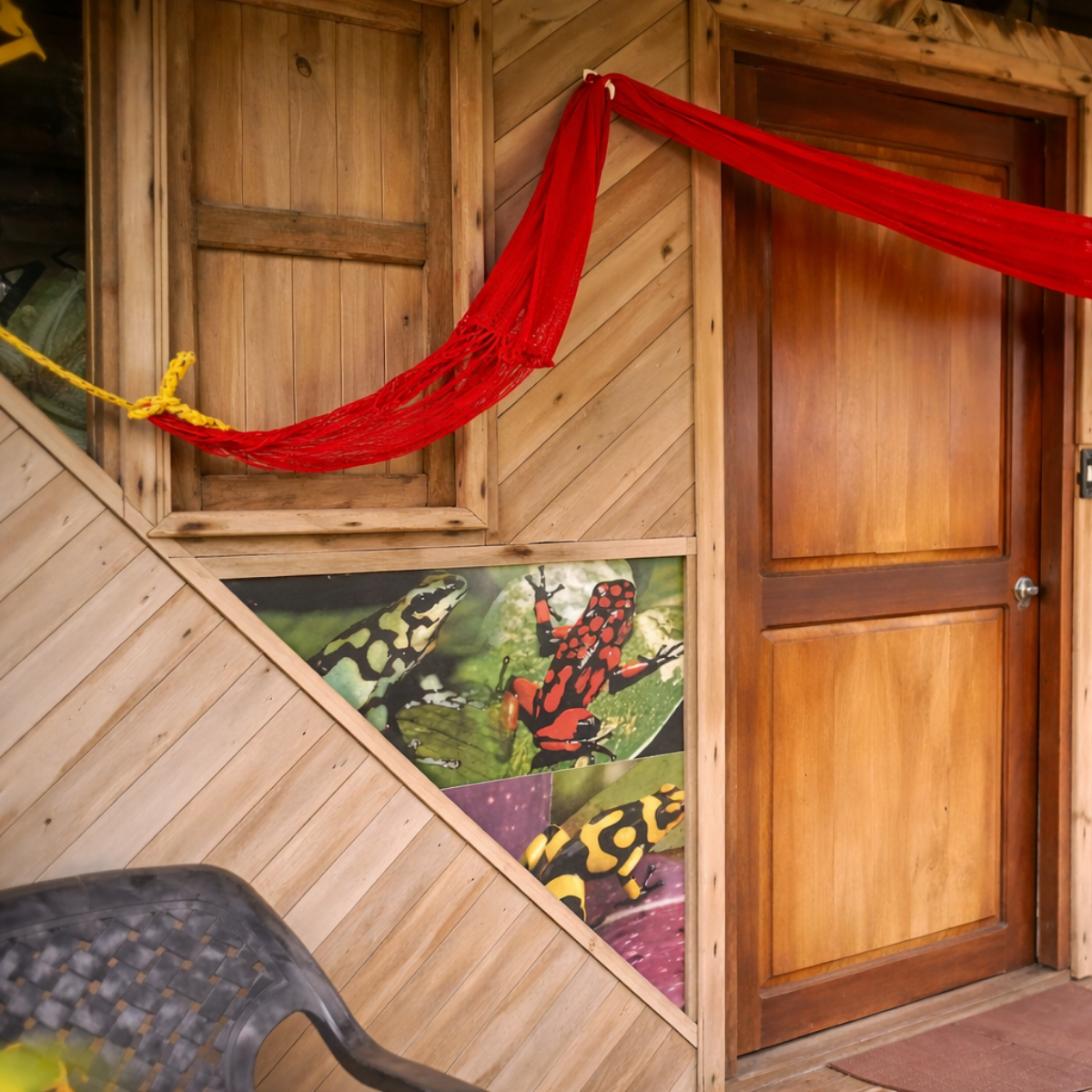 Exterior de un edificio de madera con puerta, ventana y tela roja. La pared presenta la imagen de un lagarto.