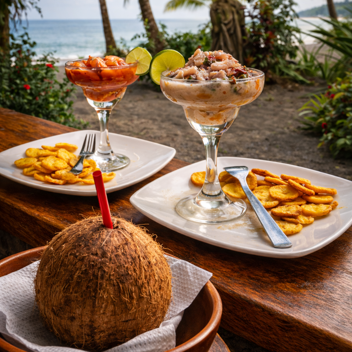 Dos cócteles de ceviche y una bebida de coco en una mesa de madera cerca de una playa, con chips de plátano.