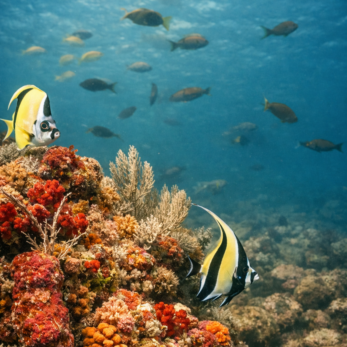 Arrecife de coral colorido con peces amarillos y negros, agua azul y otros peces nadando.