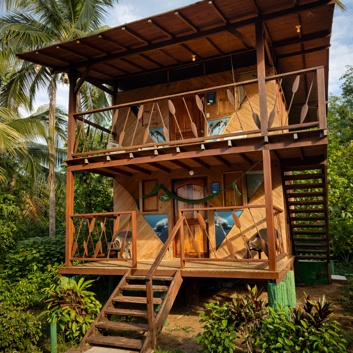 Casa de madera de dos pisos con balcón y escalera abierta, rodeada de exuberante vegetación.