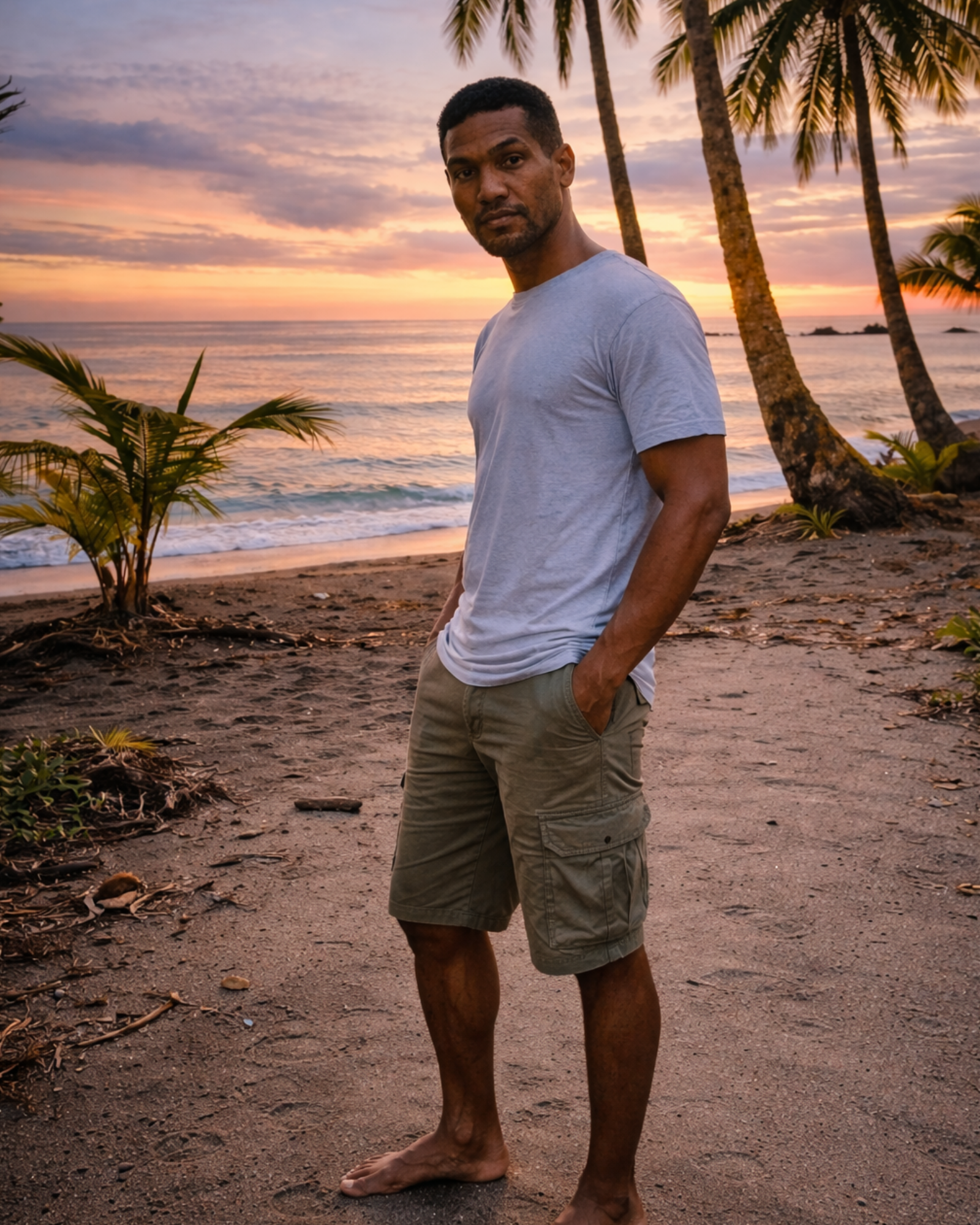 Un hombre est&aacute; descalzo en una playa con las manos en los bolsillos; al fondo se ve la puesta de sol y hay palmeras.