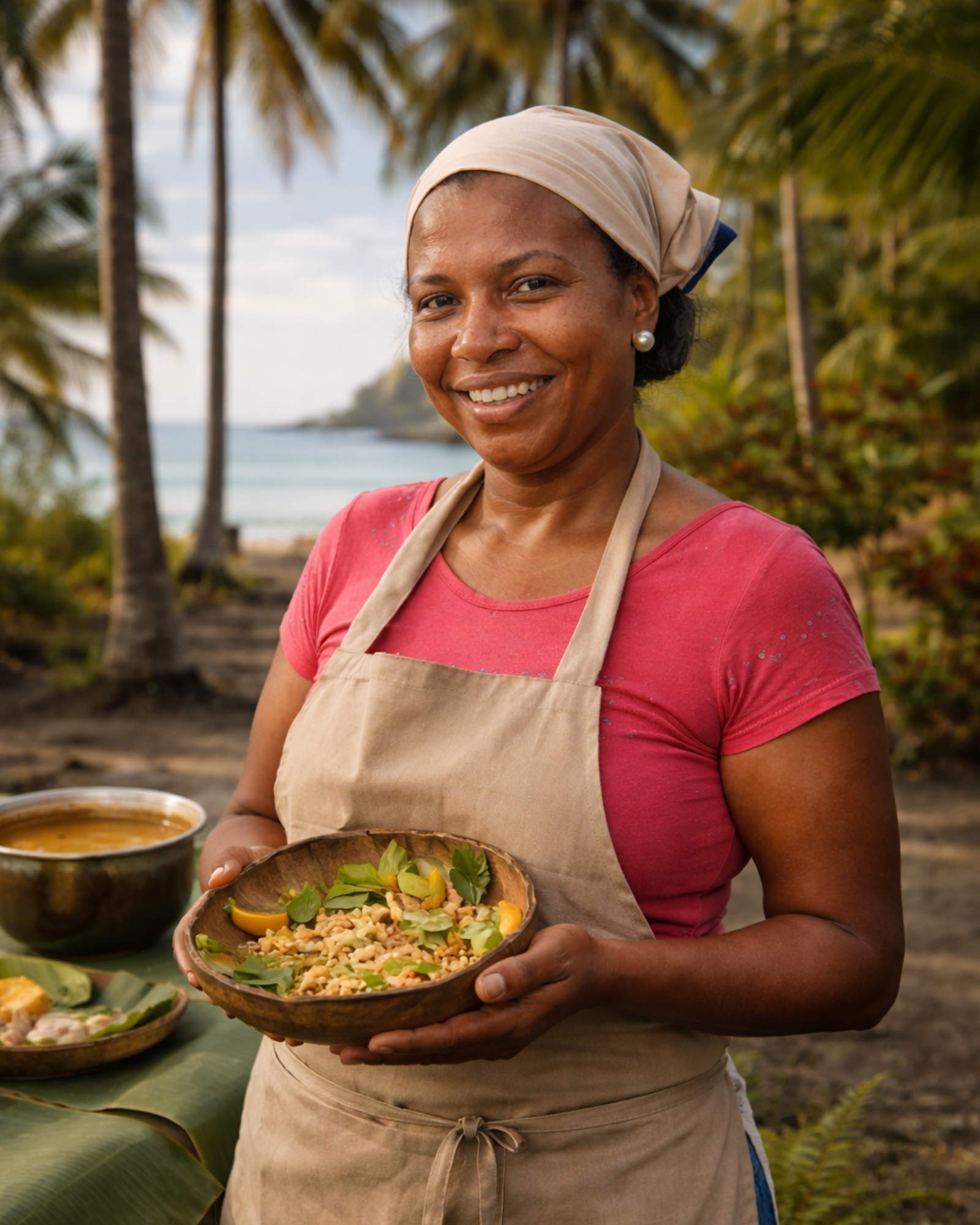 Mujer sonriendo sosteniendo un cuenco de madera con comida. Playa tropical con &aacute;rboles y agua al fondo.