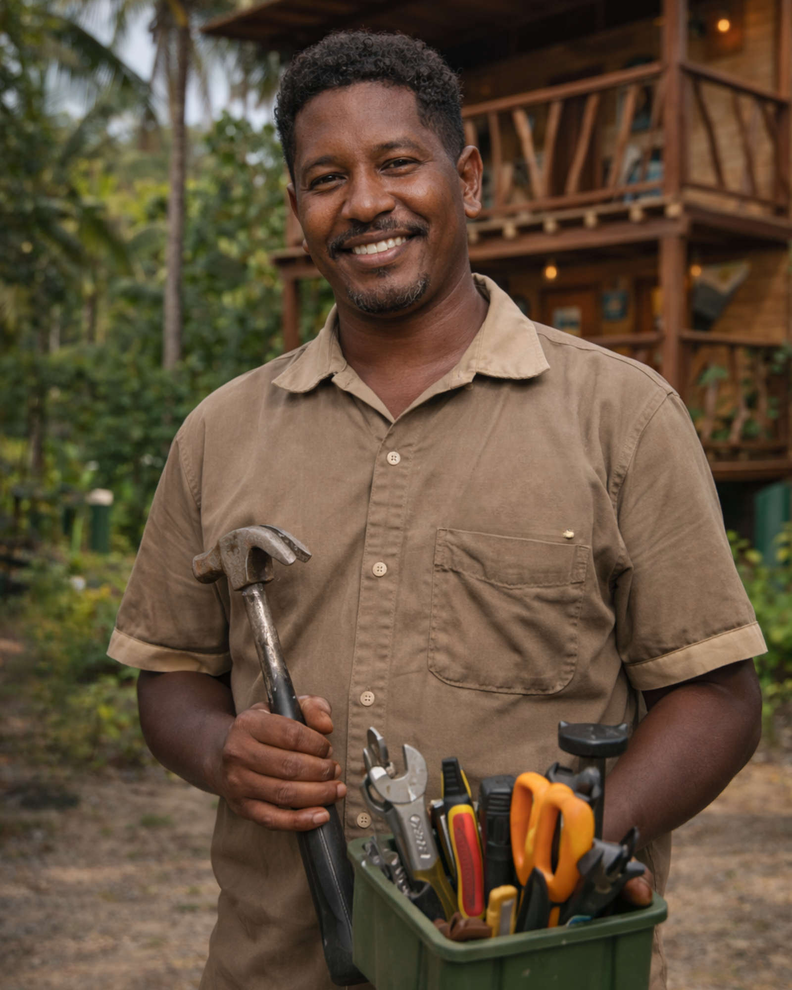 Hombre sosteniendo una caja de herramientas con herramientas, sonriendo; casa al fondo.
