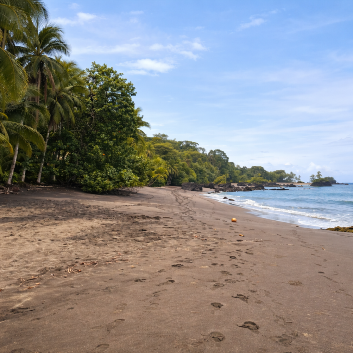 Escena de playa con palmeras, océano azul y césped verde. Luz solar y sombras.
