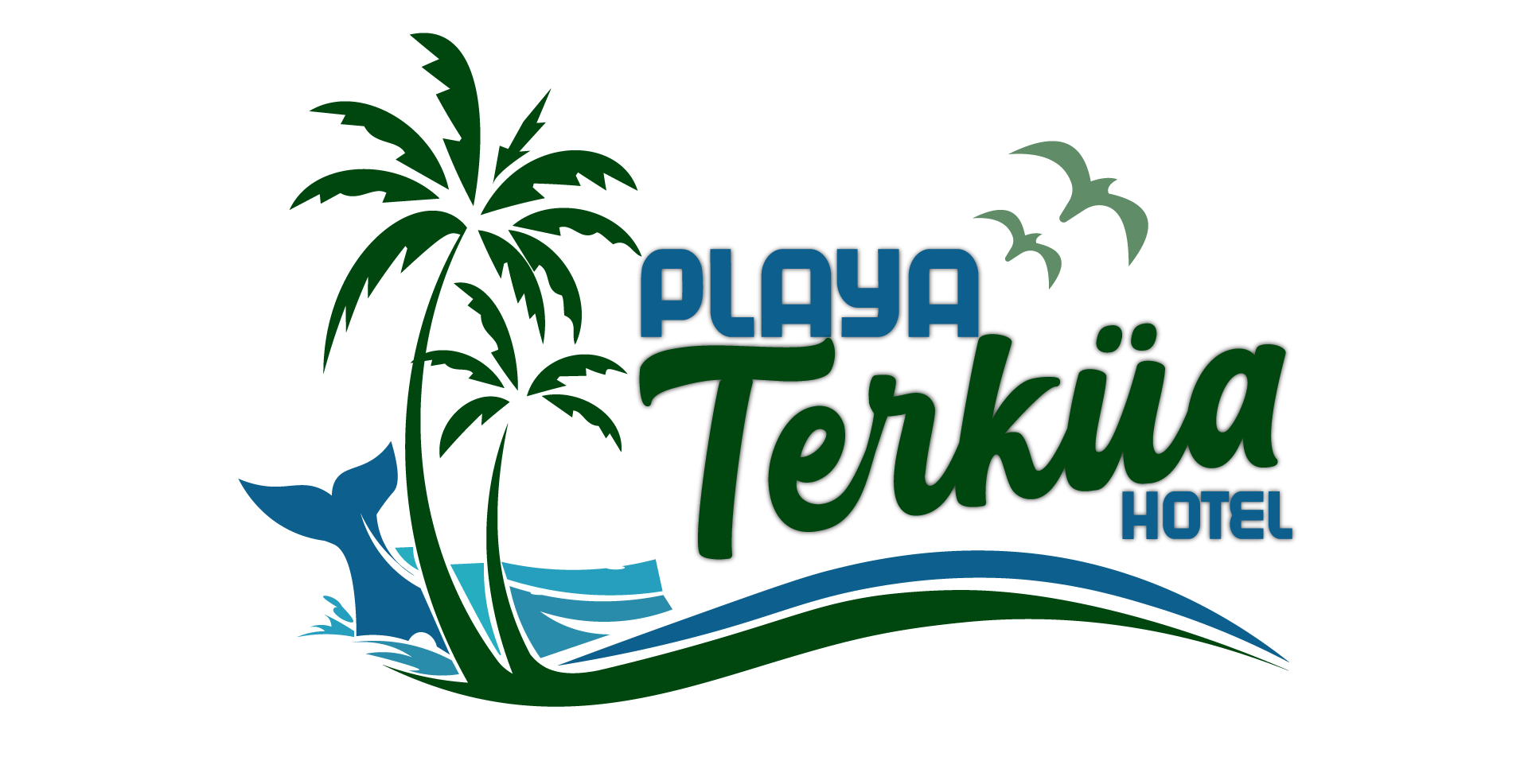 Logotipo para Hotel Playa Terkiia con palmeras, cola de ballena, pájaros y olas estilizadas.