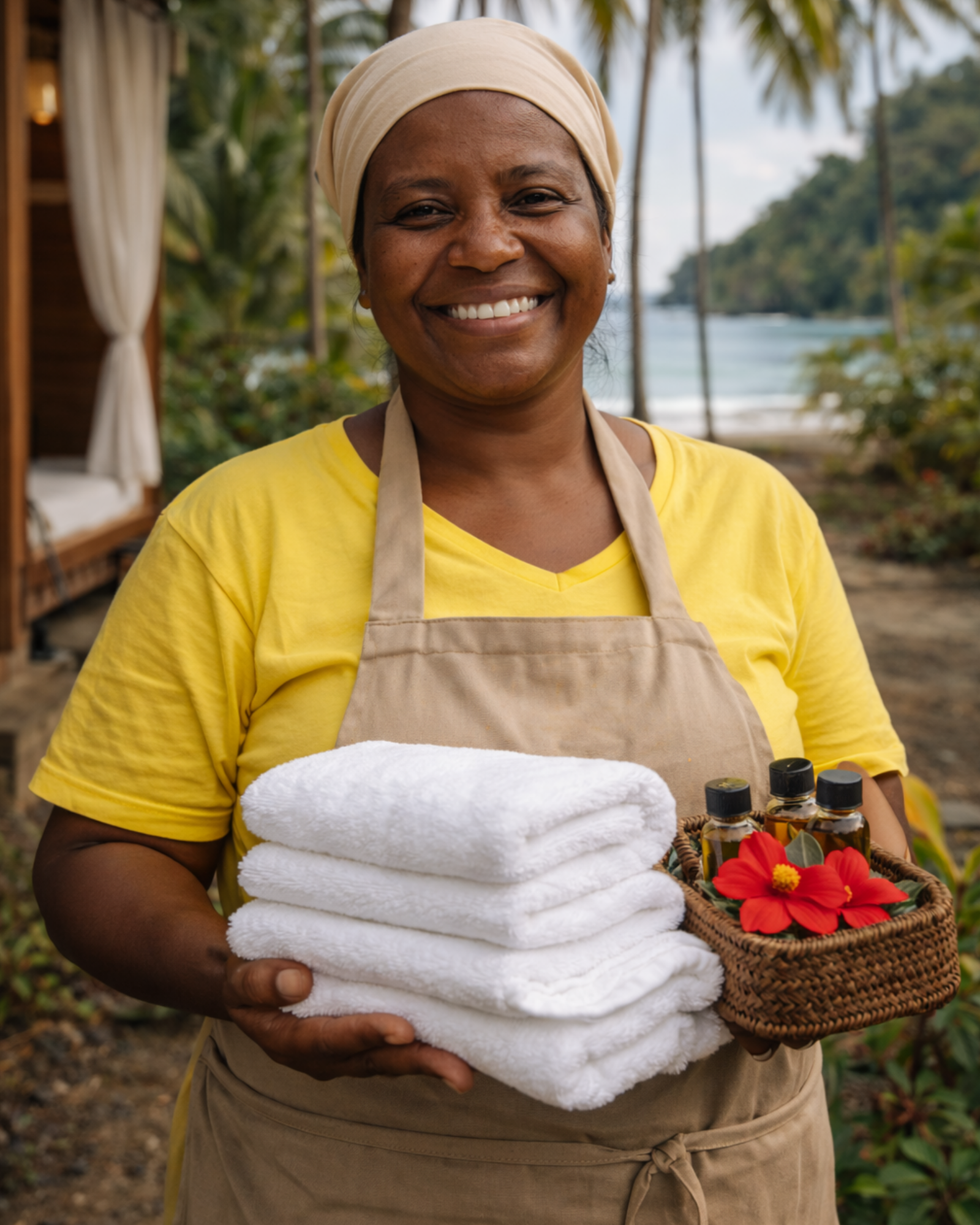 Mujer sosteniendo toallas y aceites, sonriendo, cerca de la playa.