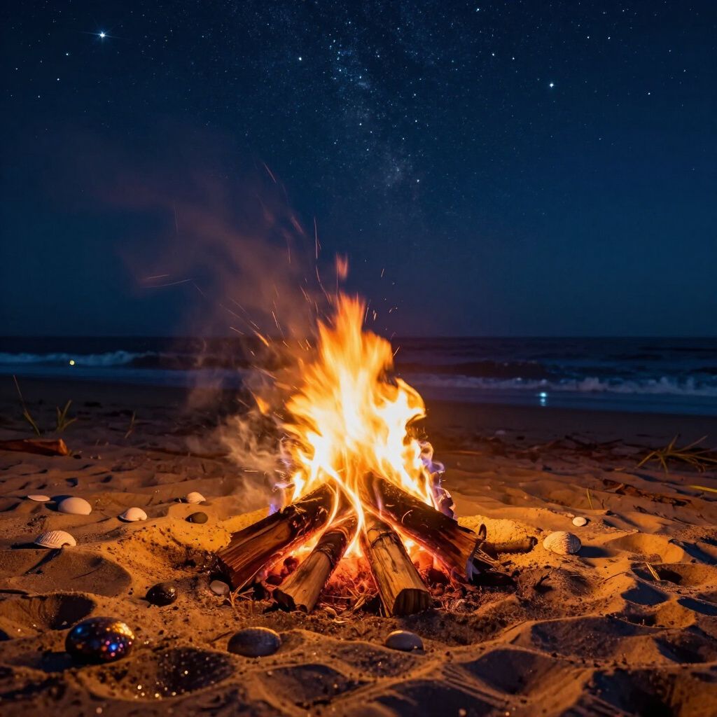 Fogata encendida en una playa de arena por la noche, con el océano y el cielo estrellado de fondo.