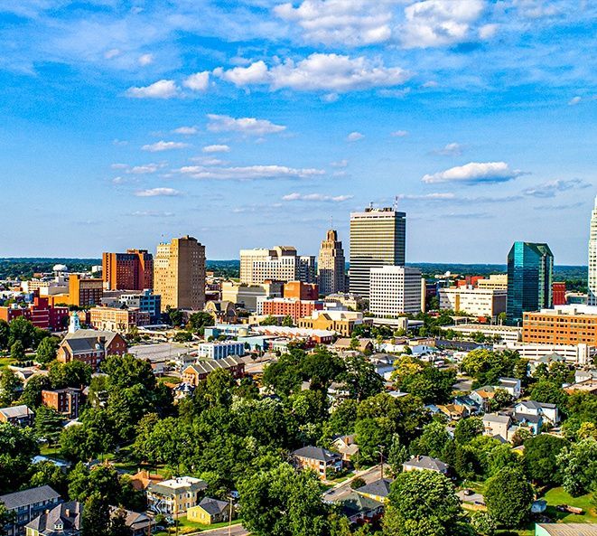 An aerial view of a city.