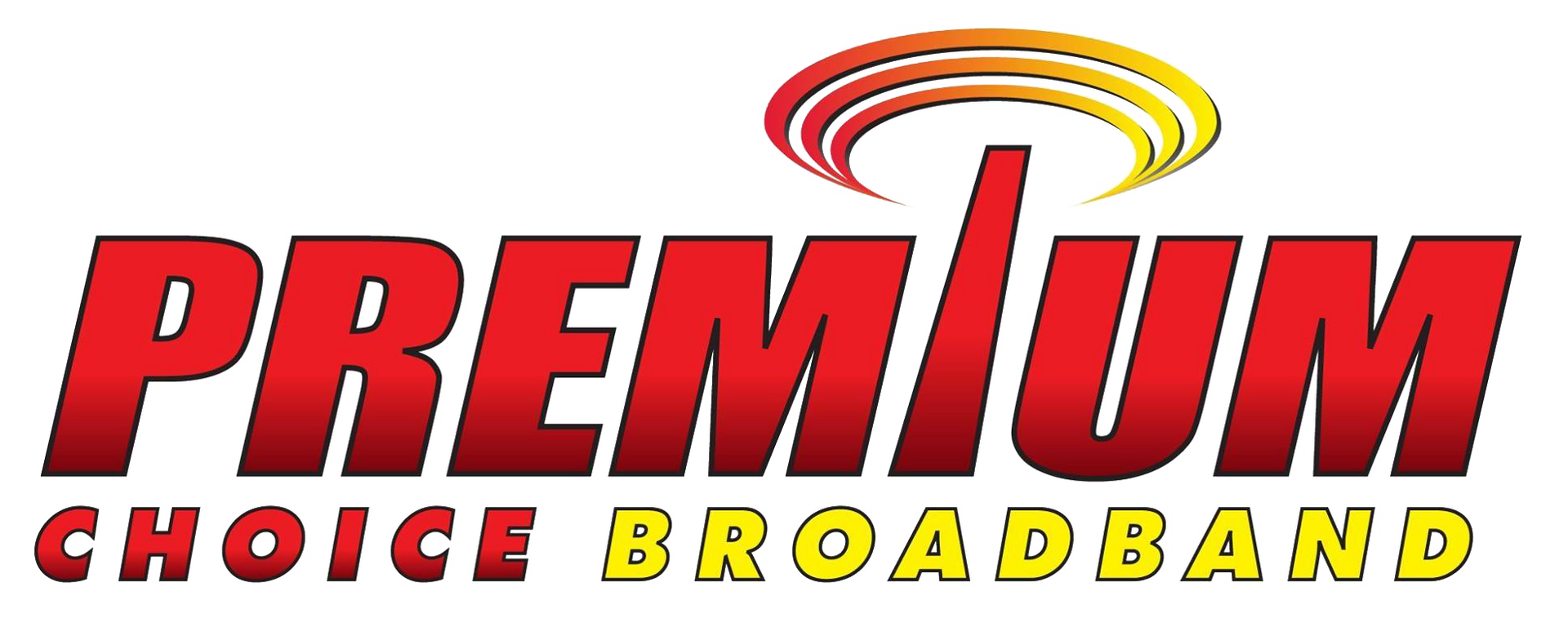 A red and yellow logo for premium choice broadband