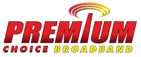 A red and yellow logo for premium choice broadband