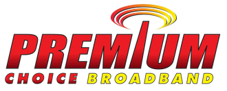 A red and yellow logo for premium choice broadband