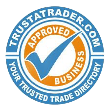 TrustATrader approved business logo with a blue checkmark on an orange circle, surrounded by text on a blue ring.