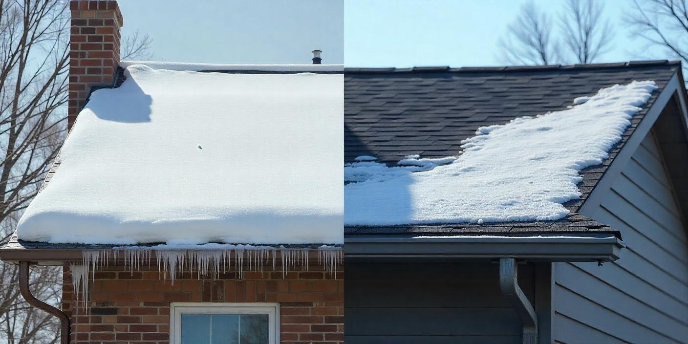 A picture of a house with snow on the roof and a picture of a house without snow on the roof.