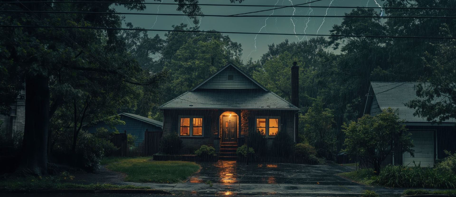 A house is lit up at night in the rainstorm with trees in the background.