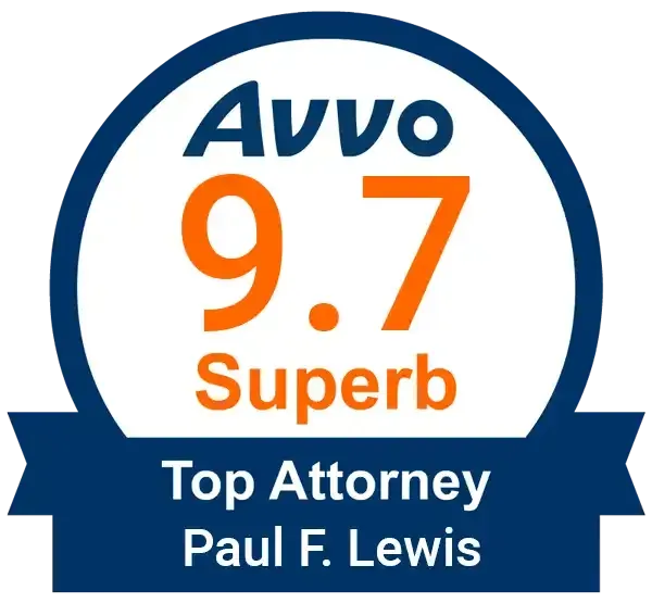 A badge that says avvo 9.7 superb top attorney paul f. lewis