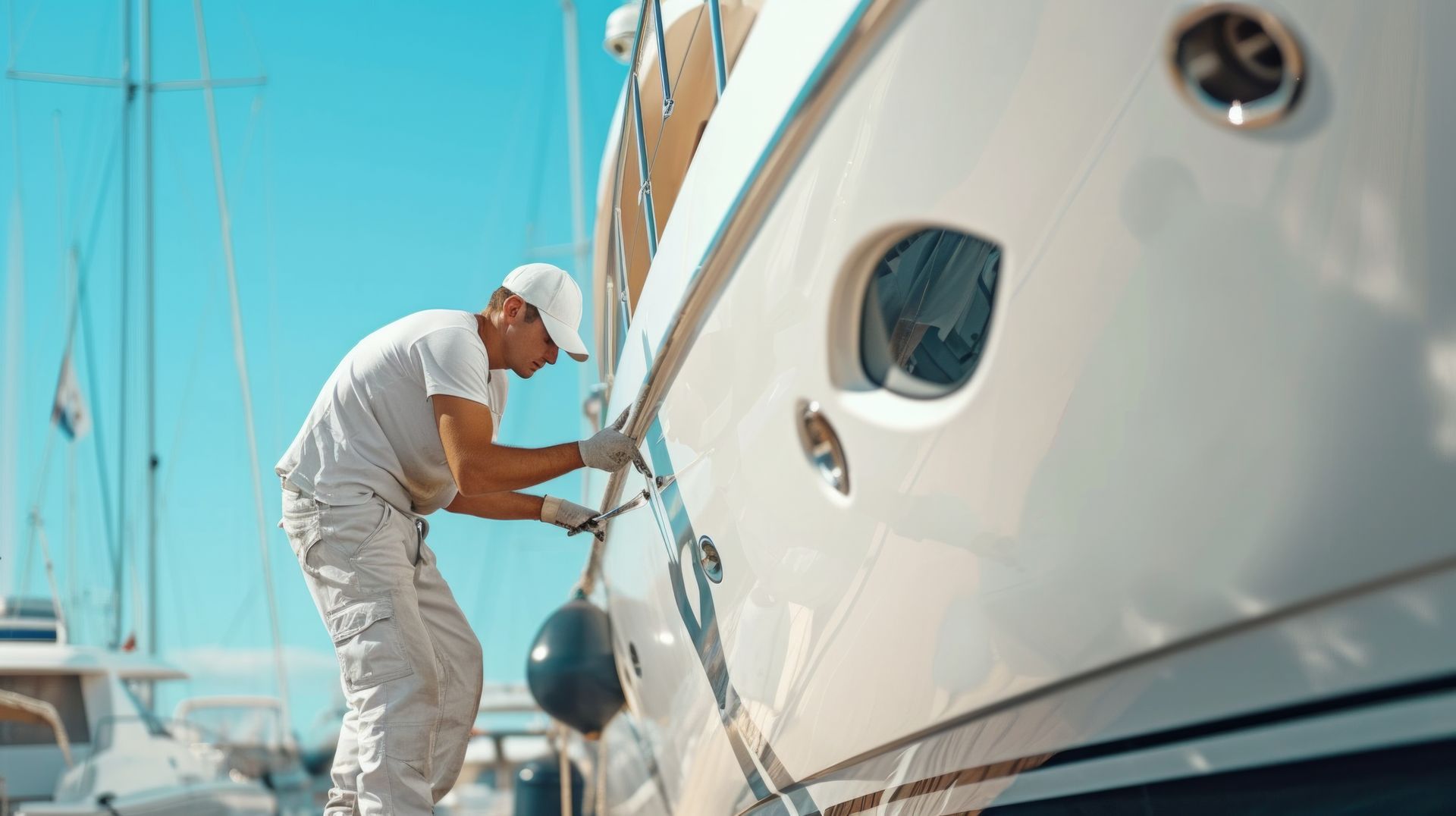 Technician performing boat repair in Monroe, WA on yacht exterior.
