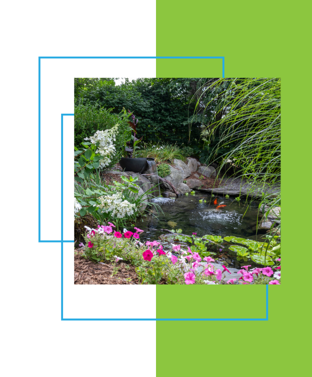 Water garden with flowers, rocks, and a small waterfall. Green and blue rectangular overlays.
