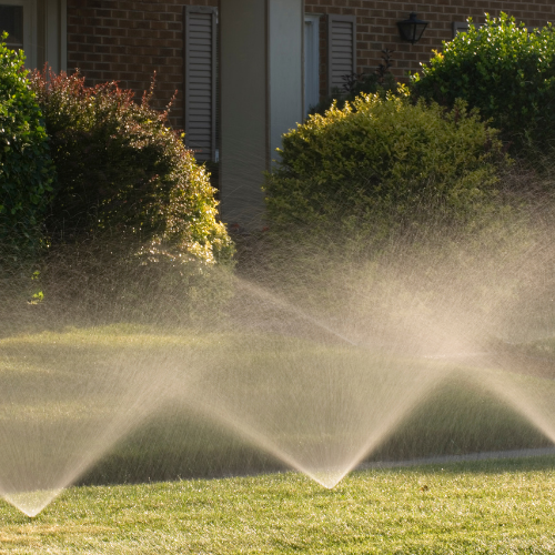 Lawn sprinklers spraying water across a green lawn in front of a house with bushes and a brick facade.