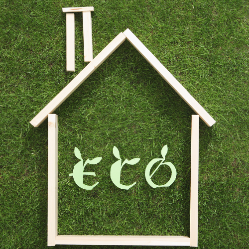 Wooden house frame on grass with "eco" in green letters.