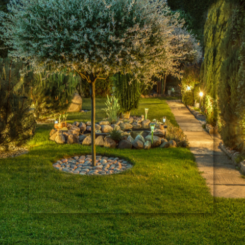 Night view of a landscaped garden with a pathway lit by small lights. A tree is surrounded by rocks.