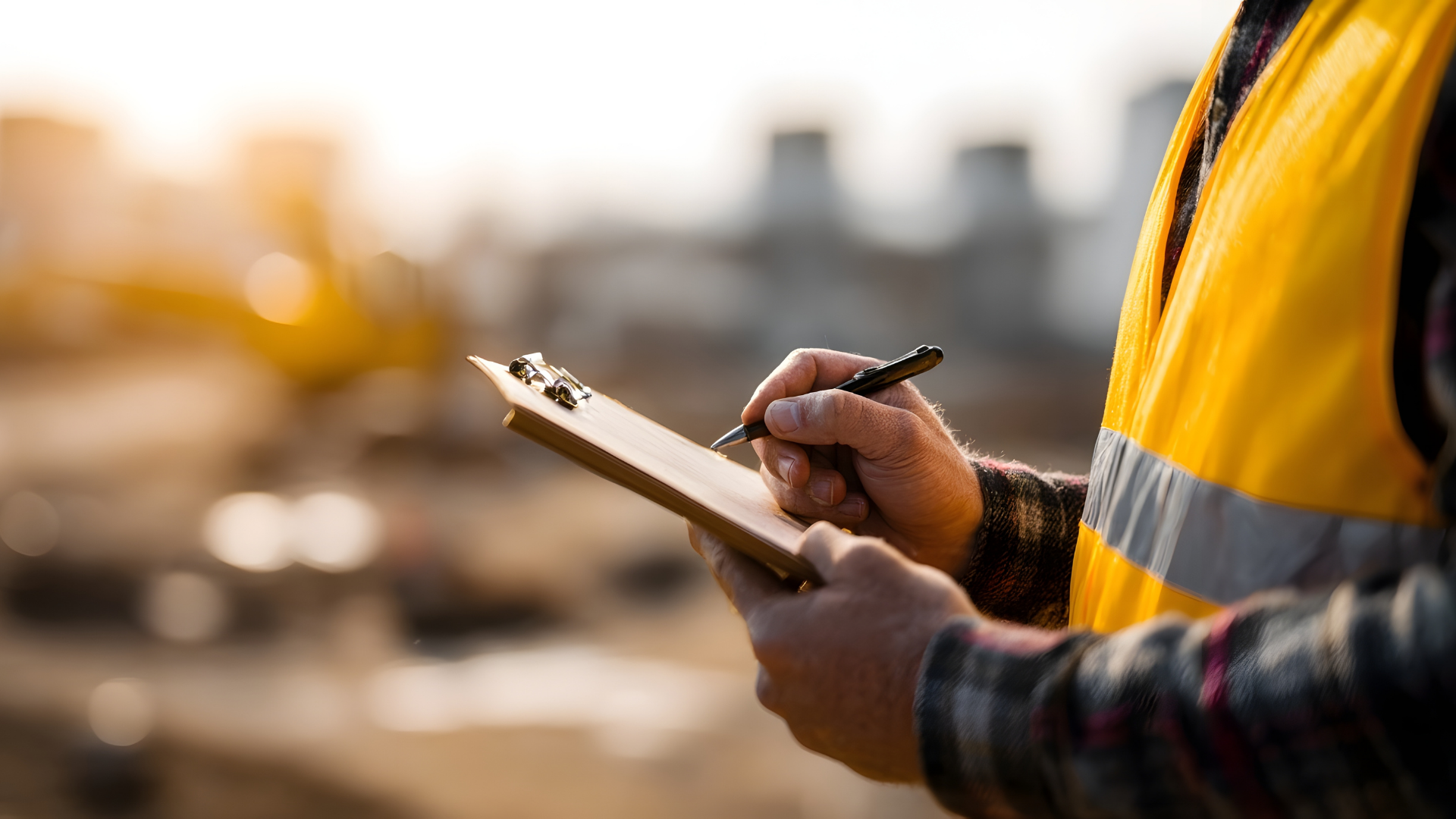 Person in yellow vest writing on a clipboard outdoors at a construction site.