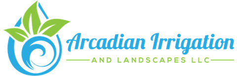 Logo for Arcadian Irrigation and Landscapes LLC. A water droplet and leaves in front of the name.