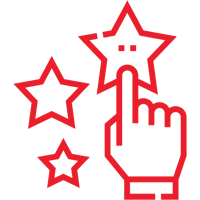 A red icon of a hand pointing at three stars.