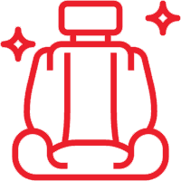 A red line icon of a car seat with a star on it.
