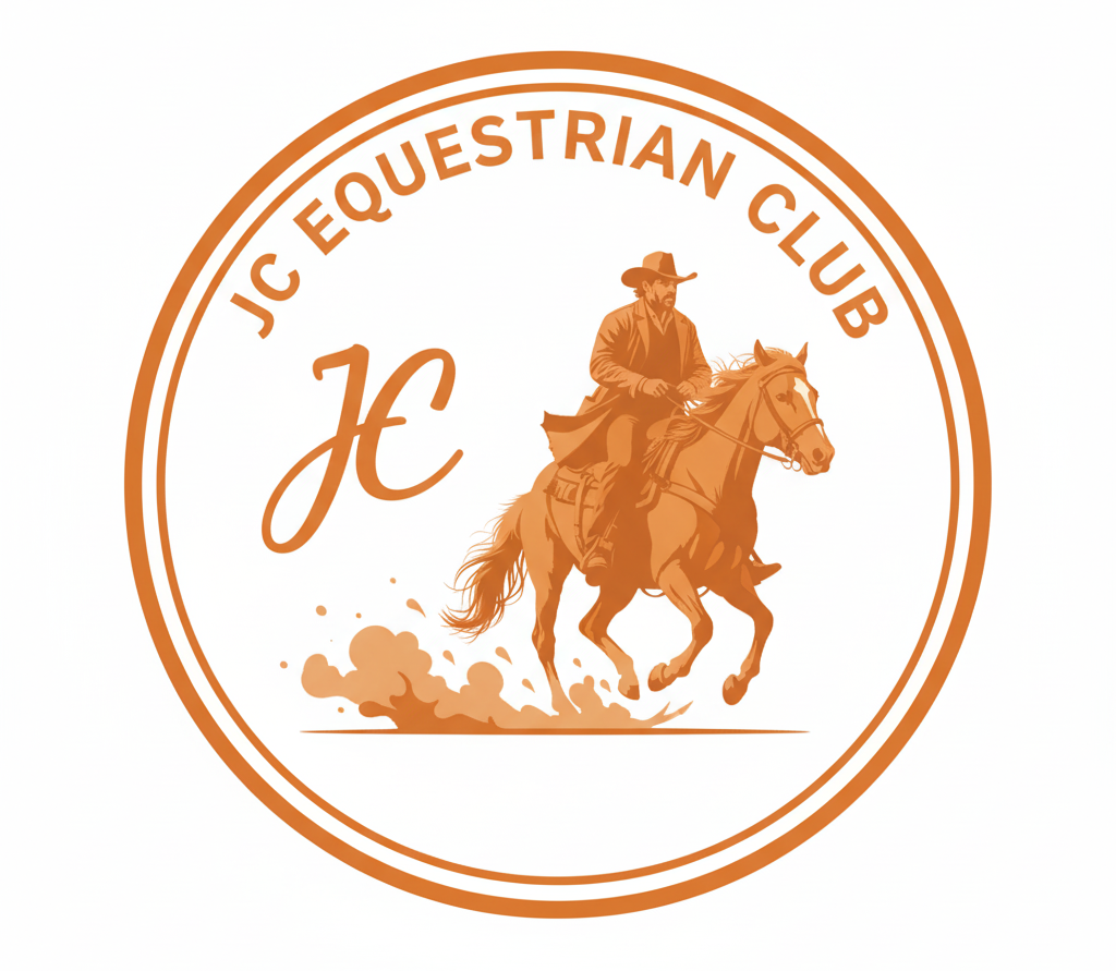 Logo of JC Equestrian Club with a rider on horseback, brown tones.