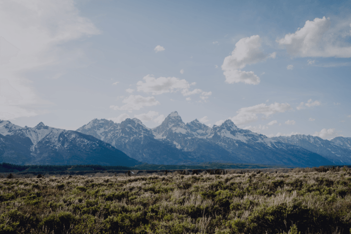 There are mountains in the background and a field in the foreground.