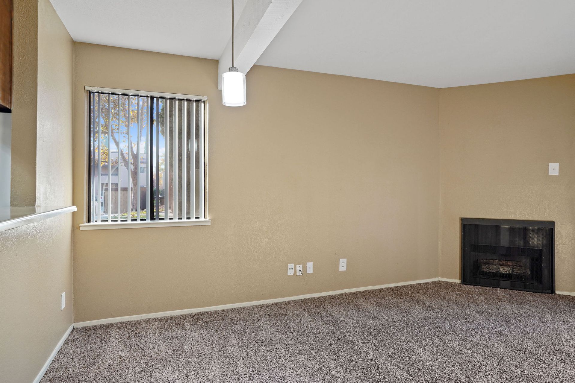 Empty beige living room with carpet, a window, and a fireplace
