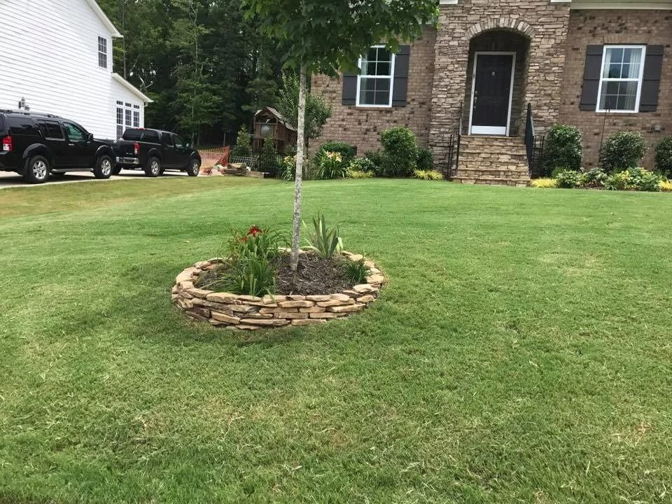 Lawn with a tree in a stone-lined bed, in front of a brick house and parked vehicles.