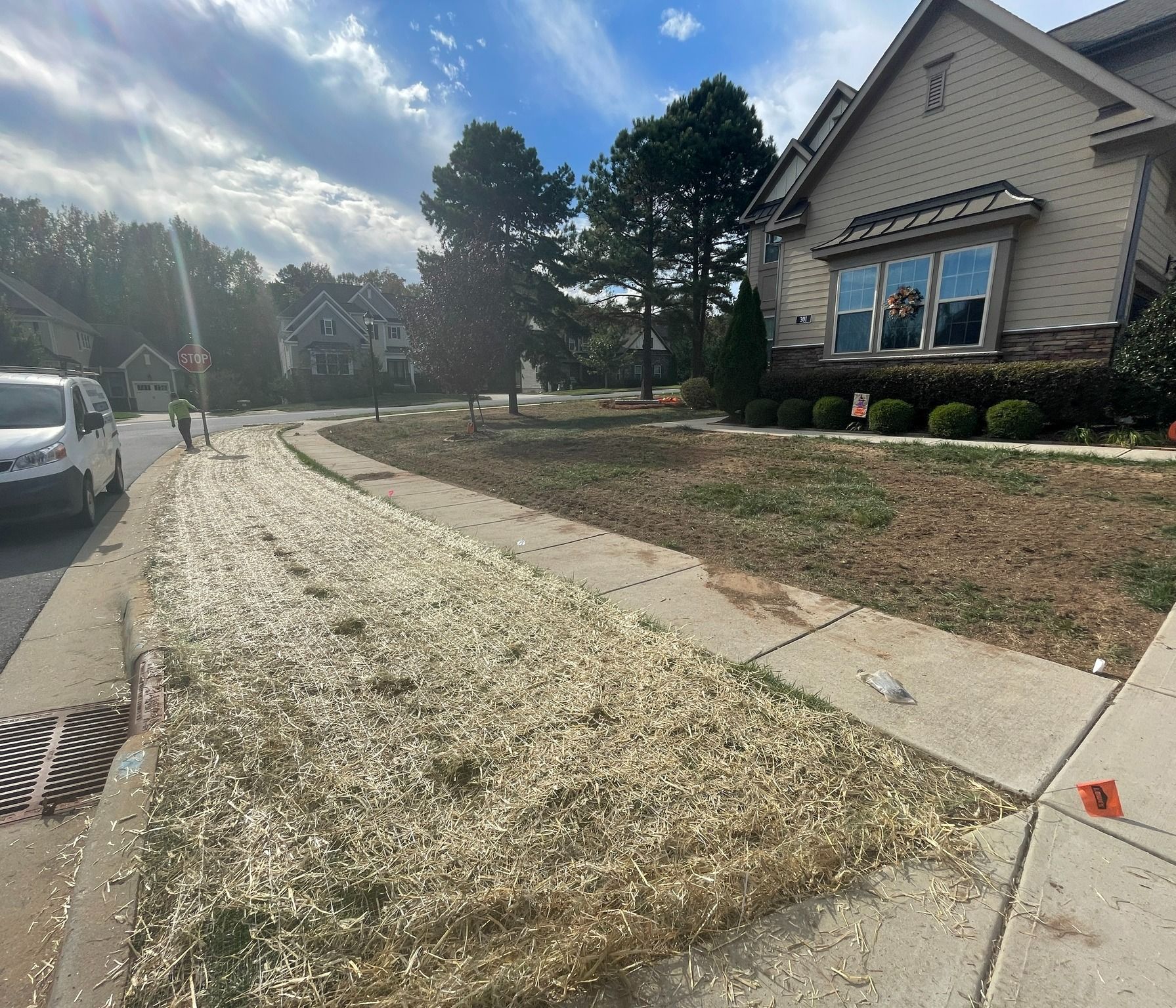 A street with dry grass on the side, a house with a stone facade, and a cloudy sky.